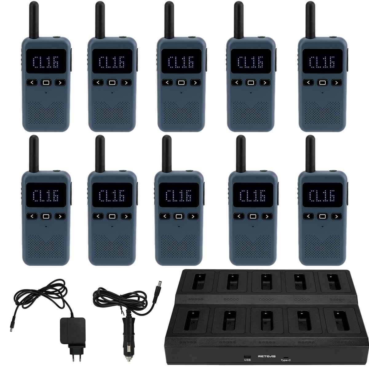Radio bidirectionnelle légère PMR446 (10 pcs) avec chargeur 10 voies Retevis