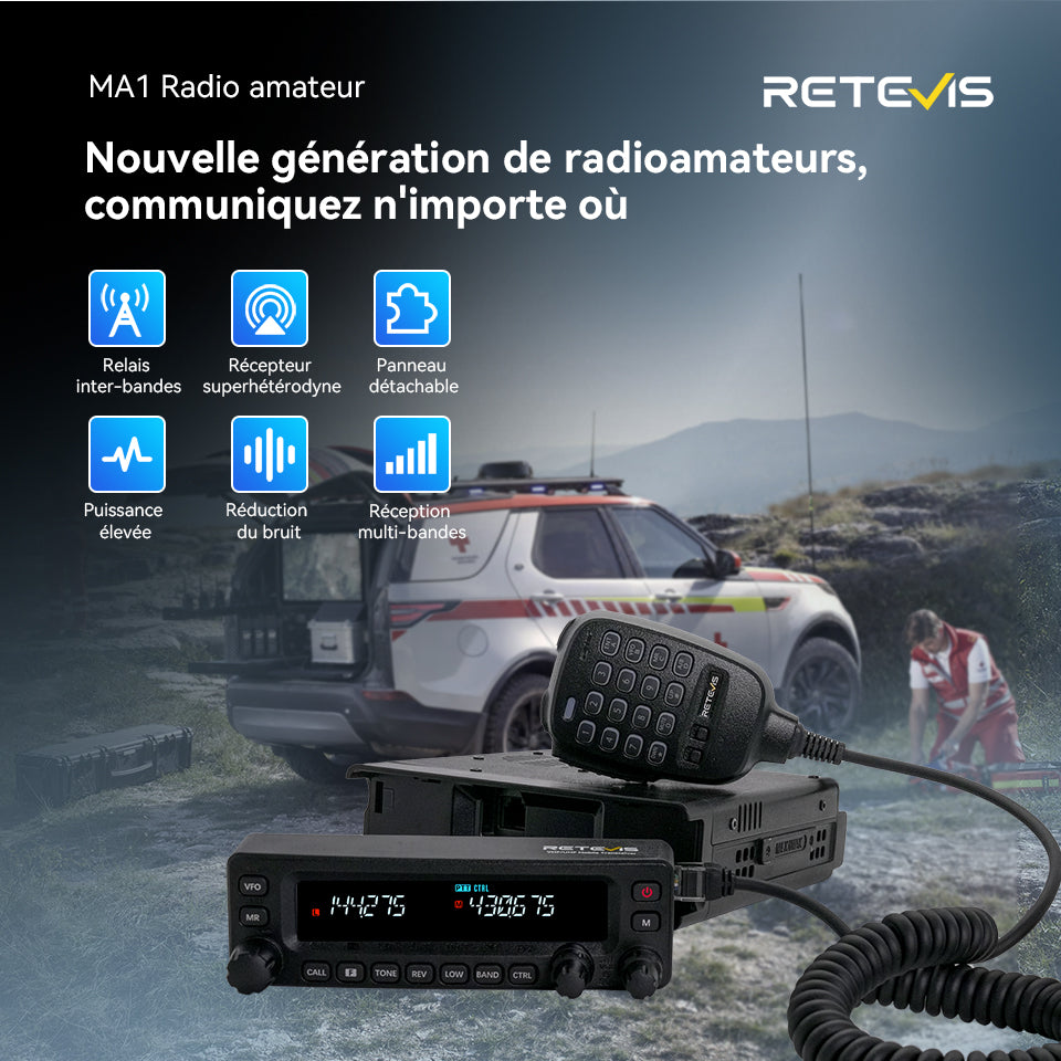 Radio mobile amateur Retevis MA1 50 W UHF VHF panneau amovible