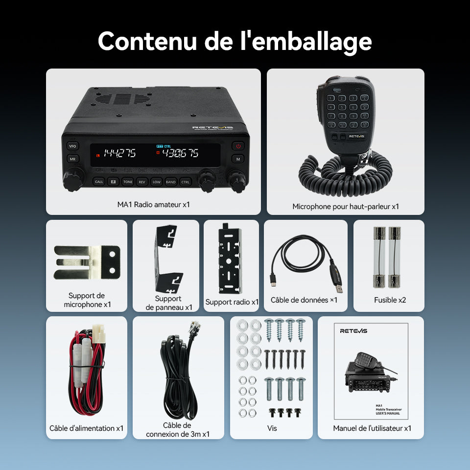 Radio mobile amateur Retevis MA1 50 W UHF VHF panneau amovible